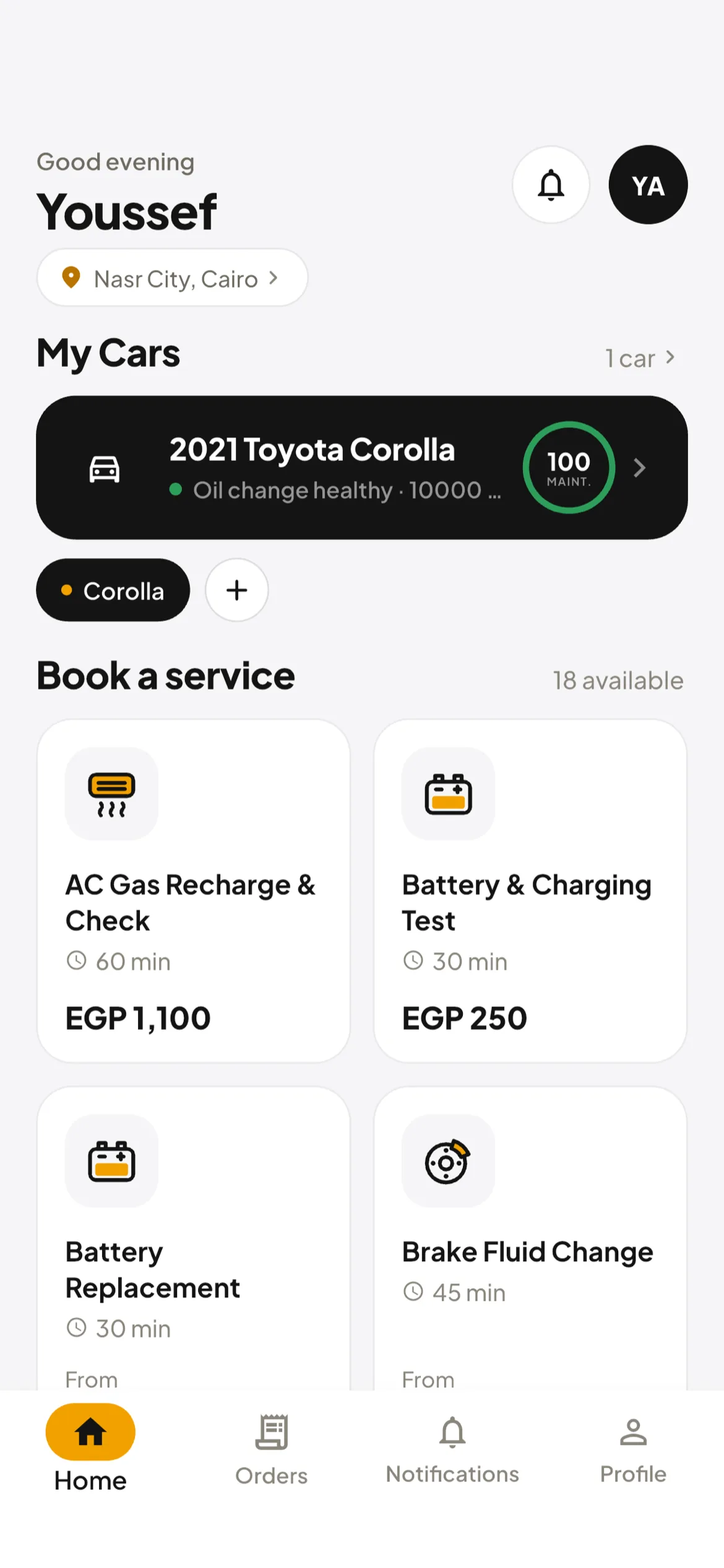 Fixera home — your car, its maintenance score, and services to book