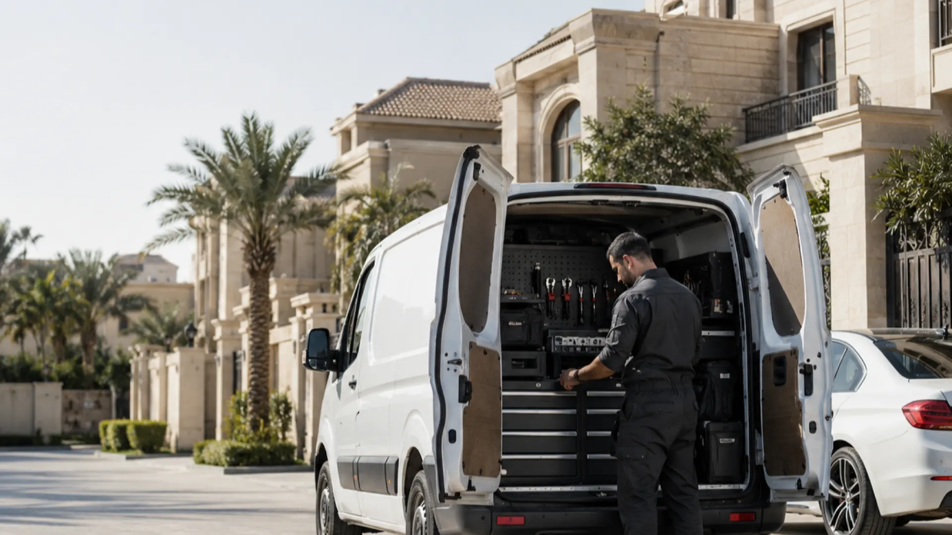 Fixera service van with open doors and mechanic at a Cairo residential compound